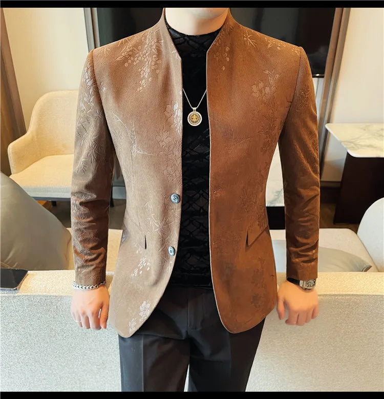 2025 Spring Trendy Jacquard Suit Jacket Men Stand Up Collar Casual Blazers Slim Wedding Business Streetwear Social Dress Coats