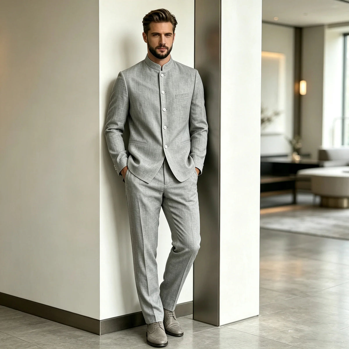 Chinese Suit for Men 2 Piece Suits Slim Fit Chinese Tunic Suits Stand Collar Weddig Prom Suit Blazer Pants Set Outfit
