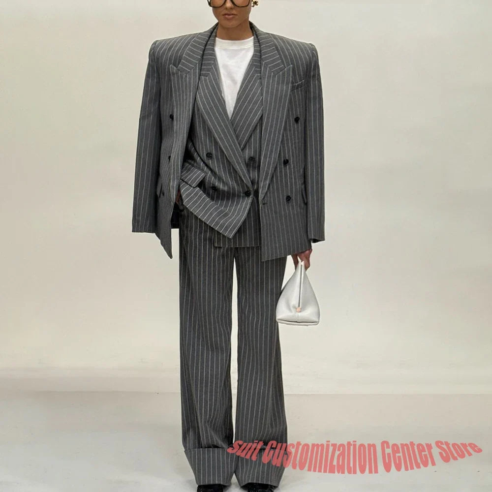 Unisex Woolen Pinstripe Women's Oversized Blazer+Pants Set Loose-Fit Formal 2-Piece Suit Trendy Streetwear Office Style Clothes