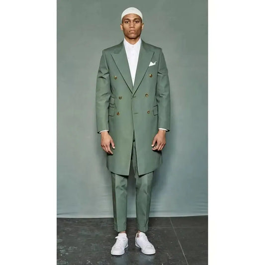 Men's Green Blazer Suit 2-Piece Set Long Jacket with Peaked Lapel Single & Double Breasted Elegant Formal Custom Hombres