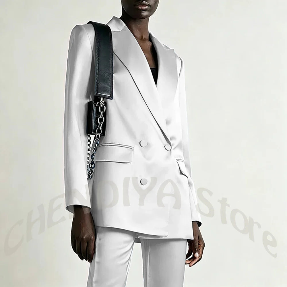 Tailored Business Attire Women Suit Elegant Satin Pink Peaked Lapel Slim Double Breastde Outfit Two Piece Office Work Female Set