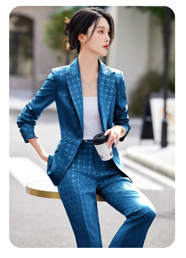Fashion Ladies Formal Pant Suit Women Houndstooth Single Button Jacket And Trouser Female Business Work Wear 2 Piece Blazer Set