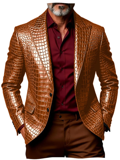 Luxury Men's Crocodile Pattern PU Leather Blazer Notch Lapel Single-Breasted 2 Button Slim Fit Jacket Business Casual for Man