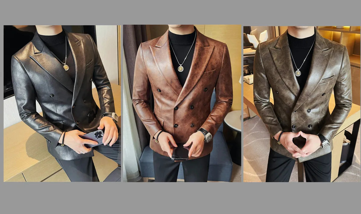 Brand Retro Leather Suit Jacket Men British Style Double Breasted Casual Business Blazers Wedding Groom Party Banquet Jackets