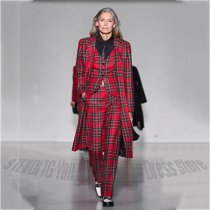 High Quality Women's Suit 3 Piece Elegant Chic Red Tartan Notch Lapel Long Blazer Vest Pants Fashion Runway Party Formal Outfit