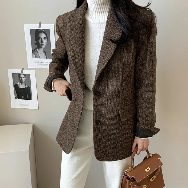 Women's Slim Fit Blazer Autumn Mid-Length Lapel Coat Contrast Cuff Detail Elegant Office & Commute Outerwear
