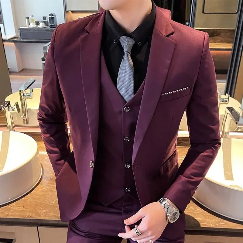 Suit (Blazer + Vest + Pants) Men's Smart Casual Business Formal Korean Style Banquet Suit