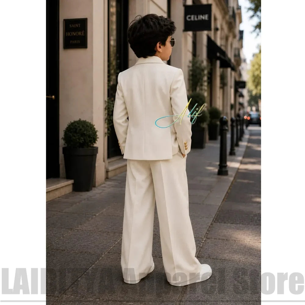 Fashion Boys Suit 2 Piece Double Breasted Blazer Wide Leg Pants Kids Wedding Formal Outfit Birthday Party Daily Casual Tuxedo