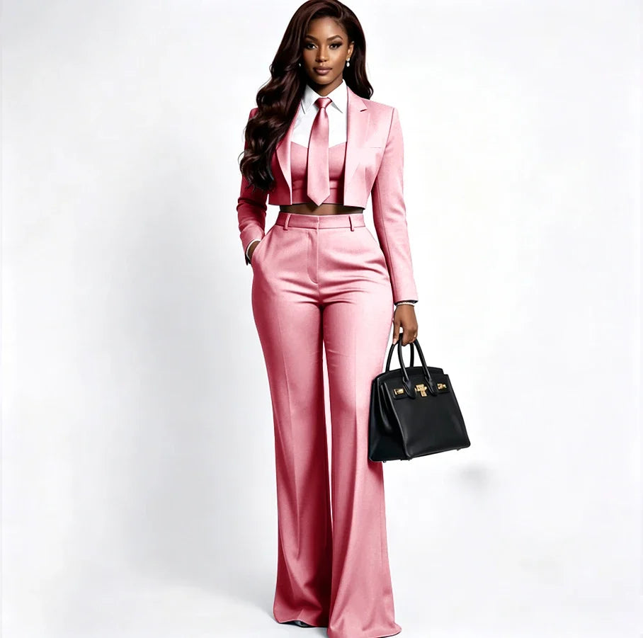 Sharp Women's Burgundy Suit Tailored Cropped Jacket+Wide Leg Pants 2 Piece Set Formal Evening Party Female Clothing