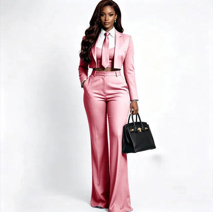 Sharp Women's Burgundy Suit Tailored Cropped Jacket+Wide Leg Pants 2 Piece Set Formal Evening Party Female Clothing