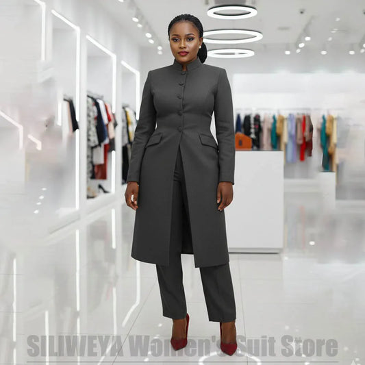 Women's Two Piece Suit Chic Mandarin Collar Outfit Longline Blazer and Pants Formal Business Casual Office Wedding Party Suits