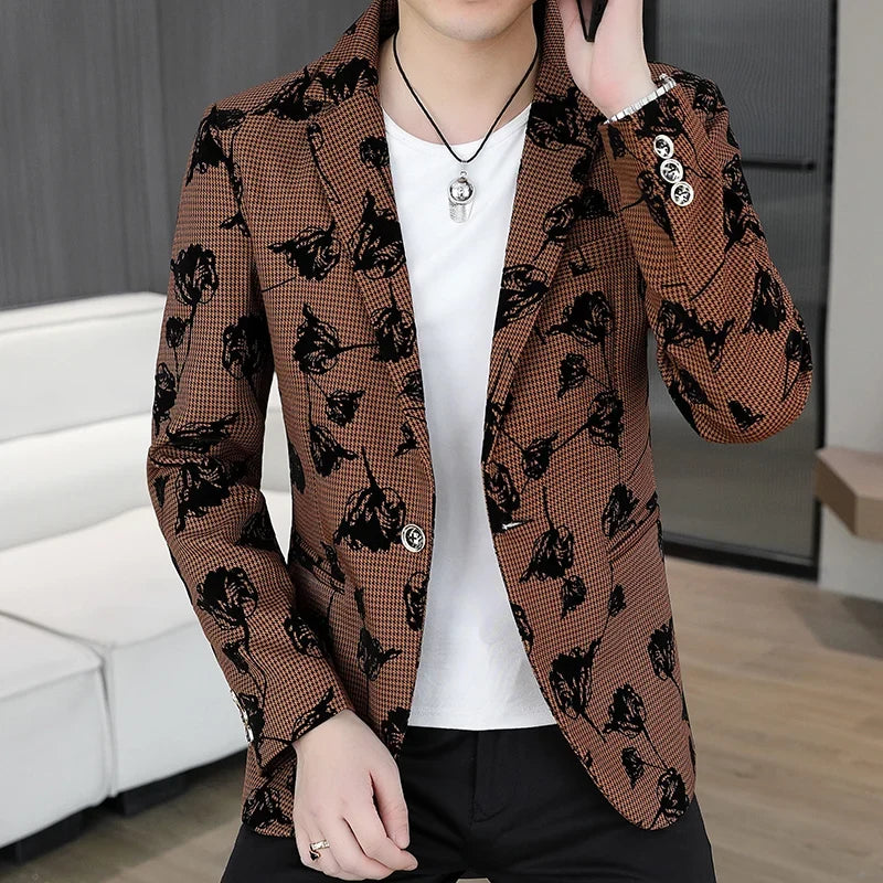 Blazer: Outdoor Fashion Business Gentleman Print Wedding Host Campus Slim-fit Casual Korean-style Youthful Versatile Men Blazer