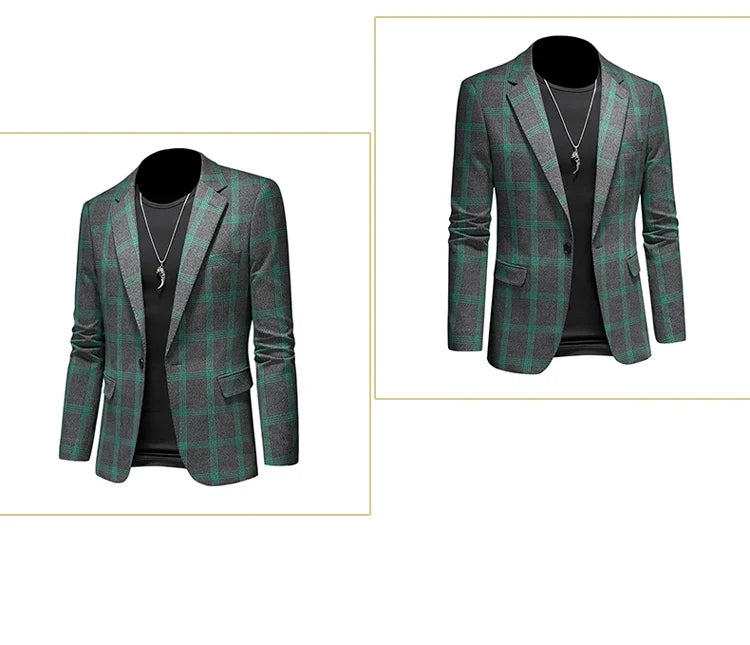 2025 Slim Fit Men's Casual Suit Handsome Fashion Plaid Blazer Polyester Business Wedding High-Quality Male Attire