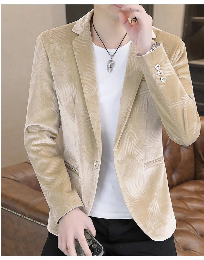 Blazer Men's Fashion Business Gentleman Groom Professional Gentleman Casual Velvet Bamboo Leaf Flower Dress High-end Blazer