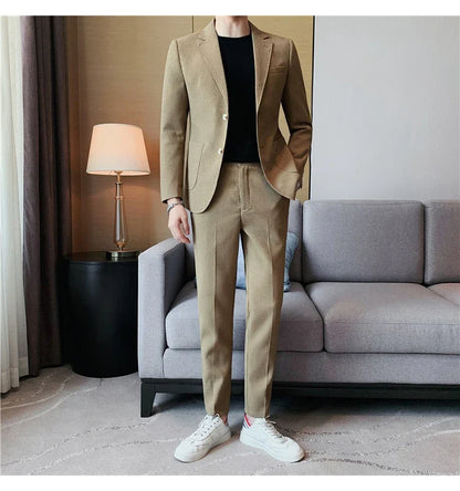 2025 New Waffle Blazers +Pant 2 Piece Set Men Fashion Business Slim Fit Solid Tuxedo Groom Wedding Prom Wear Casual Men's Sets
