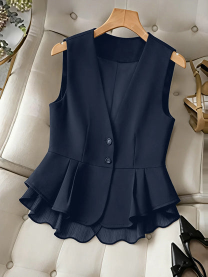 Women's Elegant V-Neck Peplum Vest, Sleeveless Button Down Blazer Waistcoat with Layered Chiffon Hem for Business Casual Office