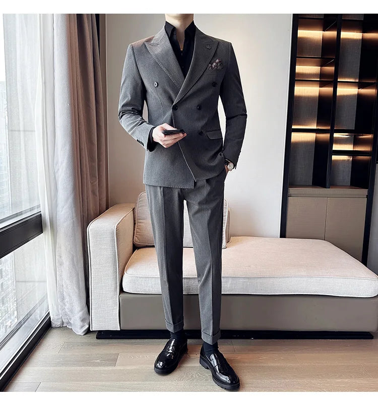 (Blazer + Trousers) Fashion Double Breasted Design Slim Men's Suit Italian Style Luxury Wedding Social Party Tuxedo 2 Piece Set