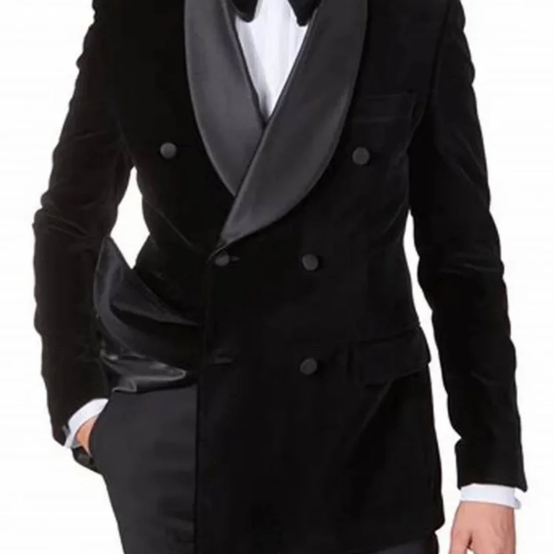 Men's double-breasted suit jacket - Black velvet coat suitable for weddings - Long-sleeved lapel business formal event