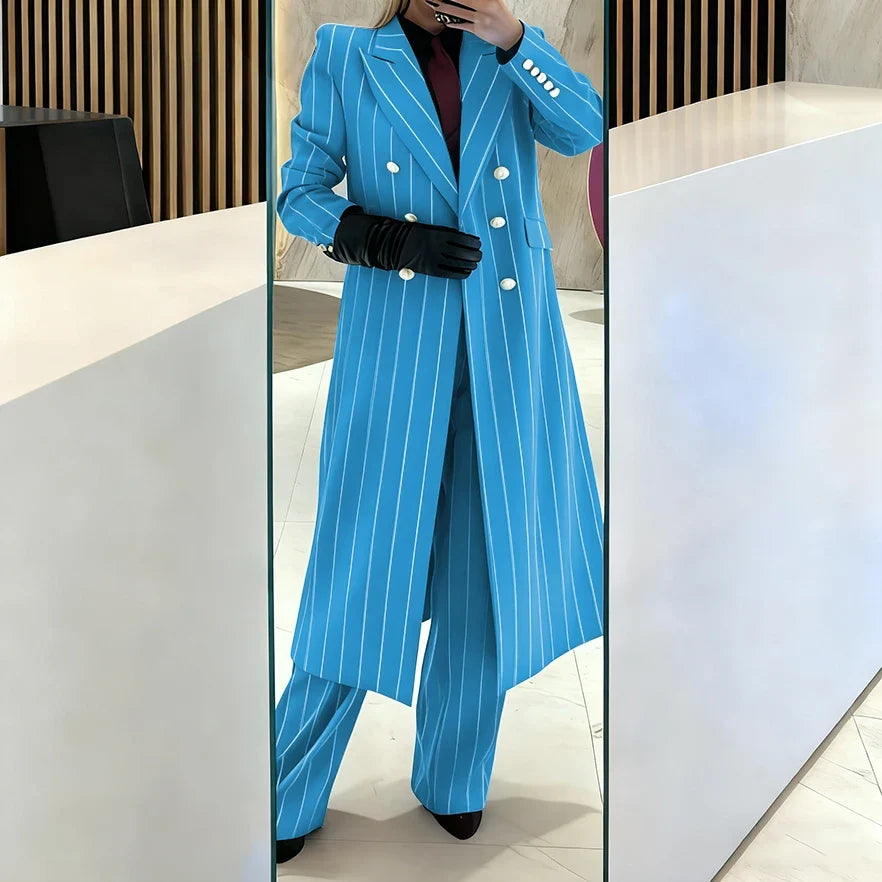Burgundy Women's Suits Pinstripe Double Breasted Peaked Lapel Long Coat+Pants Set Elegant Formal Office Evening Party Outfit