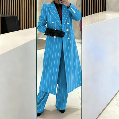 Burgundy Women's Suits Pinstripe Double Breasted Peaked Lapel Long Coat+Pants Set Elegant Formal Office Evening Party Outfit