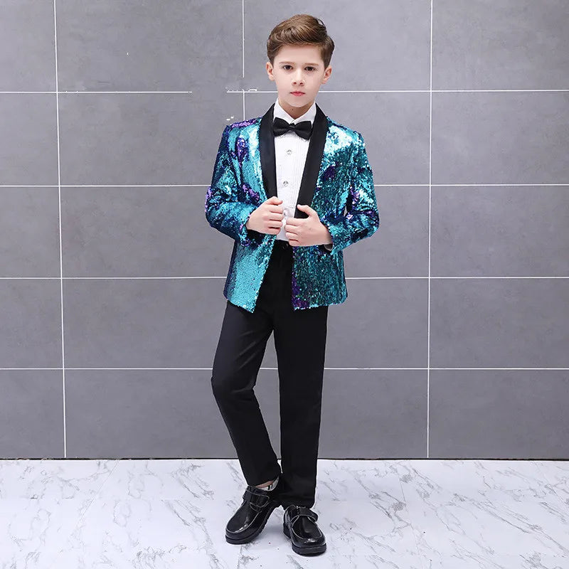Boys Gradient Sequins Formal Wedding Birthday Party Suits Kids Jacket pants Bowtie 3pcs Price Piano Performance Costume