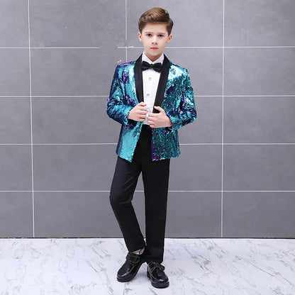 Boys Gradient Sequins Formal Wedding Birthday Party Suits Kids Jacket pants Bowtie 3pcs Price Piano Performance Costume