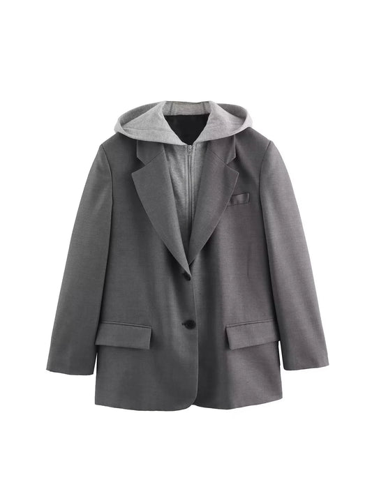 Women Grey Hoodie Patchwork Blazer Coat Fashion Vintage Streetwear Harajuku Loose Long Sleeve Suit Jacket Outerwear Top Clothes