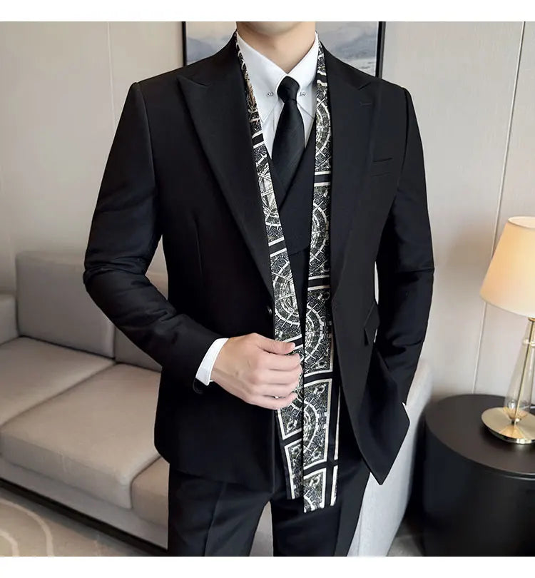 Scarf With Design Double Collar Suit Men's Business Casual Groom Wedding Slim Fit Suit Tuxedo 3-piece Set (Jacket+Vest+Pant)