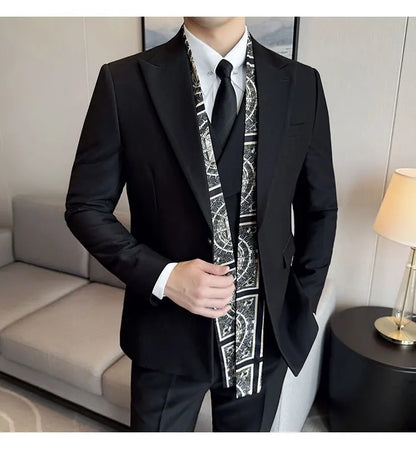 Scarf With Design Double Collar Suit Men's Business Casual Groom Wedding Slim Fit Suit Tuxedo 3-piece Set (Jacket+Vest+Pant)
