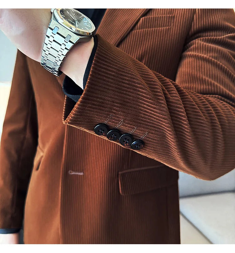 Corduroy Stripe Suit Jacket For Men Autumn Winter Business Slim Fit Tailcoat Formal Wedding Party Fashion Casual Suit Coat 4XL-M