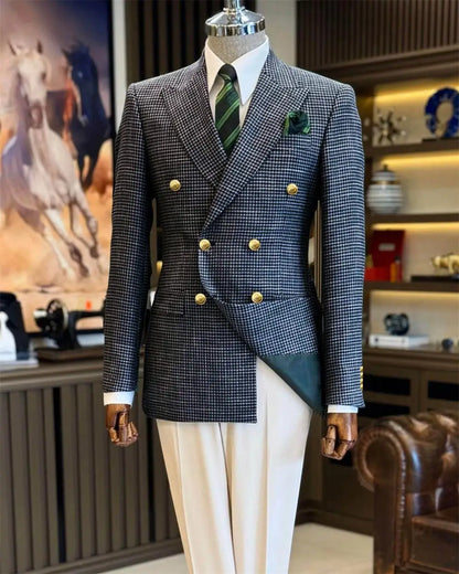 Black Men's Suit Jacket Houndstooth Peak Lapel Double Breasted Business Regular Fit Blazer Man plus size custom suit Coat