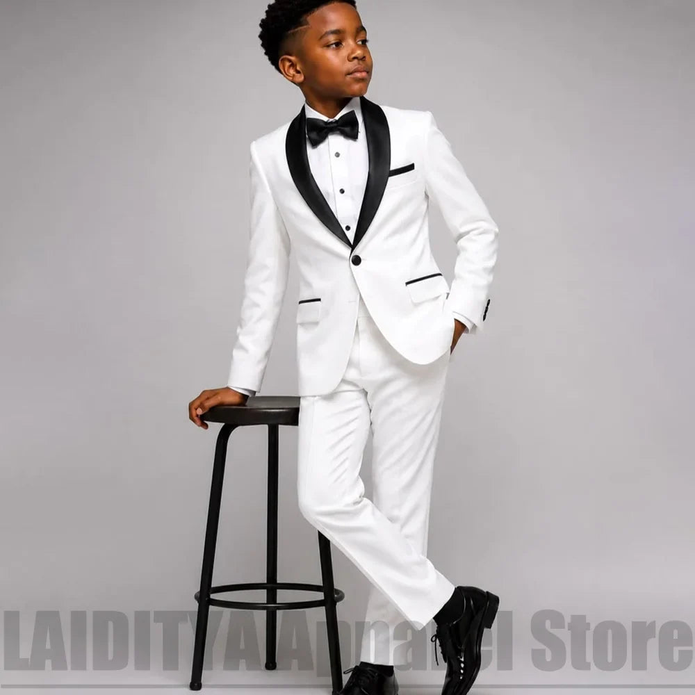 Boys White Tuxedo Suit with Black Satin Shawl Lapel Kids Formal Wedding Outfit Blazer Pants Bow Children Party Costume 2 Piece