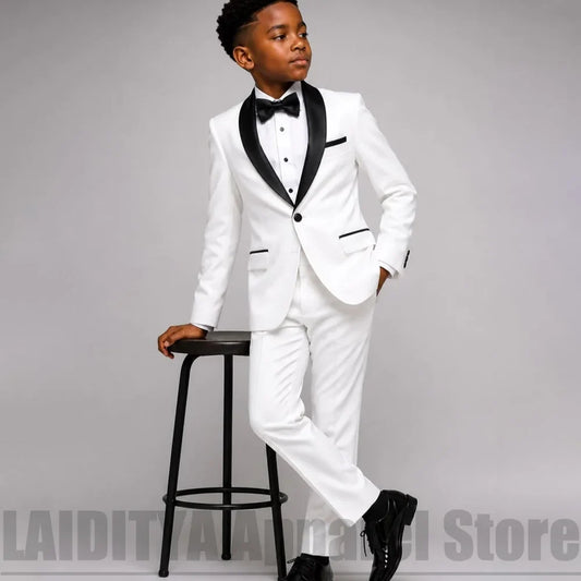 Boys White Tuxedo Suit with Black Satin Shawl Lapel Kids Formal Wedding Outfit Blazer Pants Bow Children Party Costume 2 Piece