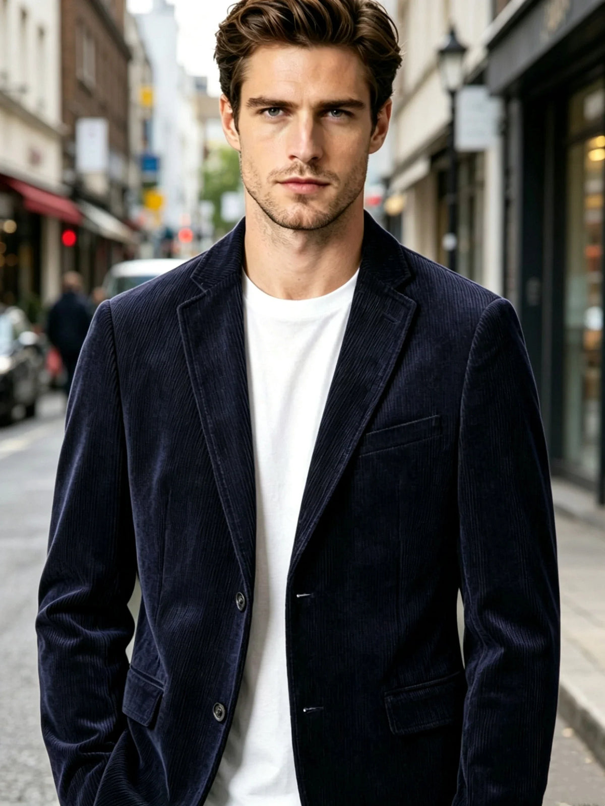 Navy Blue Corduroy Blazer for Men with Notch Lapel Single Breasted Dinner Jacket Elegant Slim Fit Smoking Suit Coat for Wedding