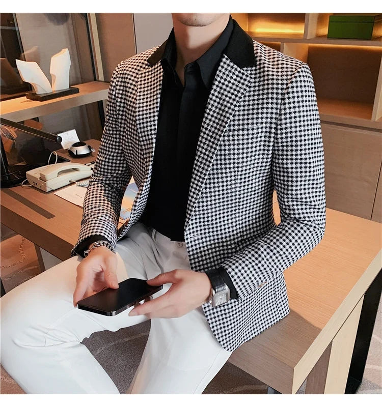 Men's High-Quality Fashion Suit Jacket Handsome Business Casual All-In-One Single-Breasted Checkered Design