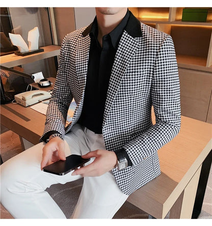 Men's High-Quality Fashion Suit Jacket Handsome Business Casual All-In-One Single-Breasted Checkered Design