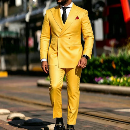Men Suit Yellow 2 Pieces Double Breasted Solid With Lapel For Wedding Groom Banquet Party Prom Business Work Office Jacket Pants