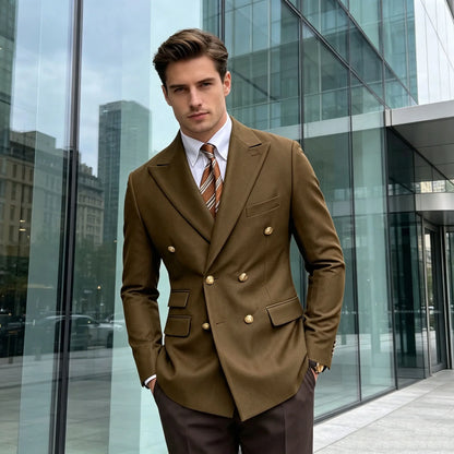 Men's Brown Serge Blazer Double Breasted Peak Lapel Gold Button Slim Fit British Style Fashion Suit Jacket Formal Business Casua