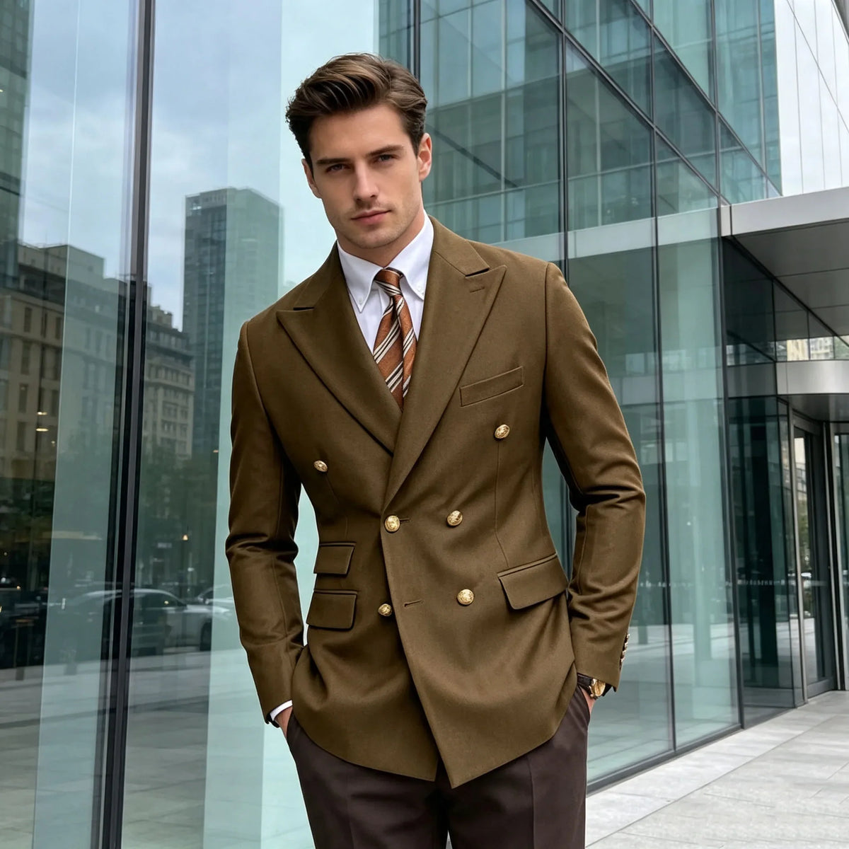 Men's Brown Serge Blazer Double Breasted Peak Lapel Gold Button Slim Fit British Style Fashion Suit Jacket Formal Business Casua