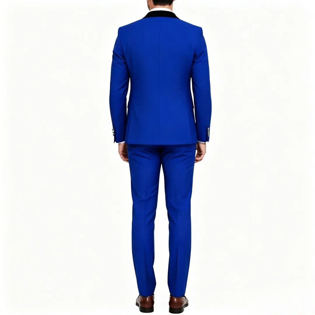 Men Suit 2 Pieces Royal Blue With Black Lapel Double Button For Wedding Business Banquet Party Office Daily Work Jacket And Pant