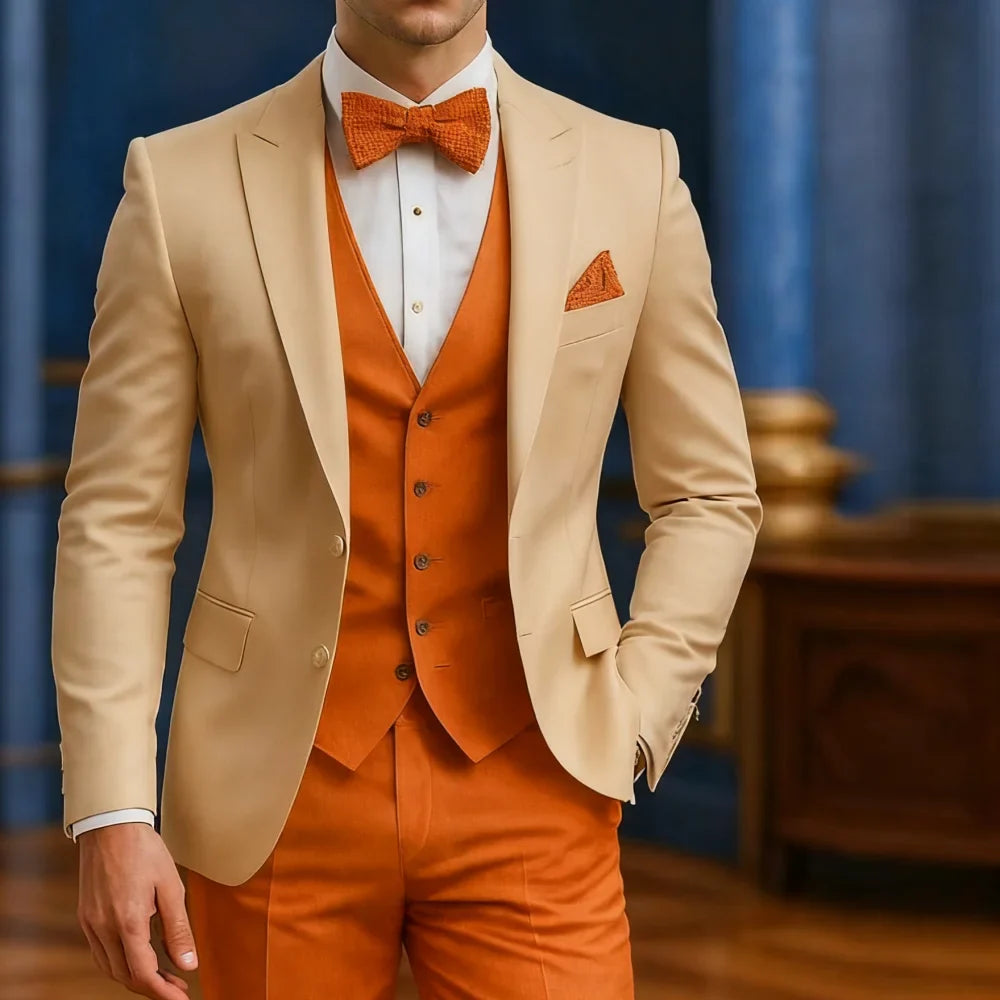 Costume Formel Homme Blanc Et Orange Occasion Mariage Garçons d'honneur Remise de diplôme Bal Smoking 3 Pièces Tenue Masculine Traditionnelle