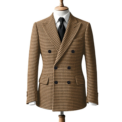 Men's Double Breasted Houndstooth Suit Jacket Classic Slim Fit Groom Wedding Blazer