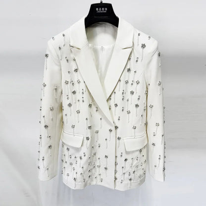 Solid Blazer Women Beaded Rhinestone Embellished Lapel Long Sleeve Dangling Charms Formal Evening Party Suit Jacket 2026