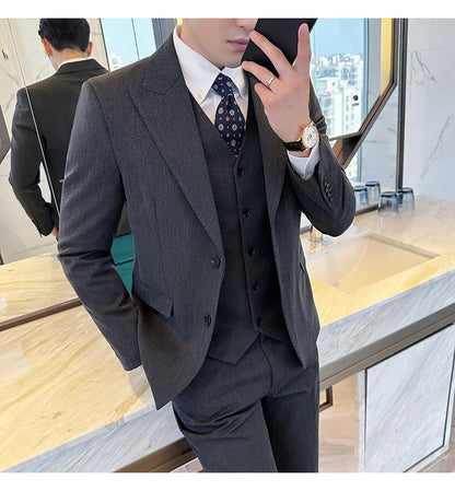 (Blazer + Vest + Trousers) 2024 New Men Formal Business Solid Suit 3 Pieces Set Italian Style Luxury Wedding Social Party Tuxedo