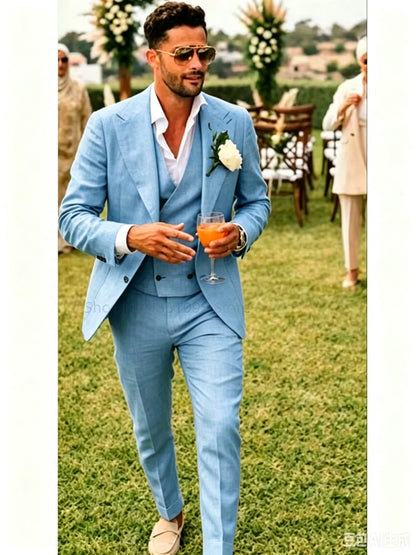 Costume de mariage 3 pièces beige/bleu en lin pour homme, costume de marié d'été, smoking décontracté de plage pour homme, ensemble veste, gilet et pantalon pour soirée de bal