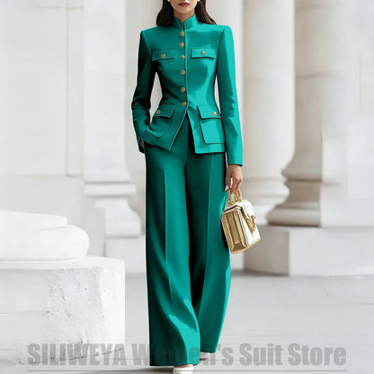 Women's Ivory Suit Mandarin Collar 2 Piece Military Style Gold Buttons Blazer Wide Leg Pants Wedding Party Prom Lady Suits