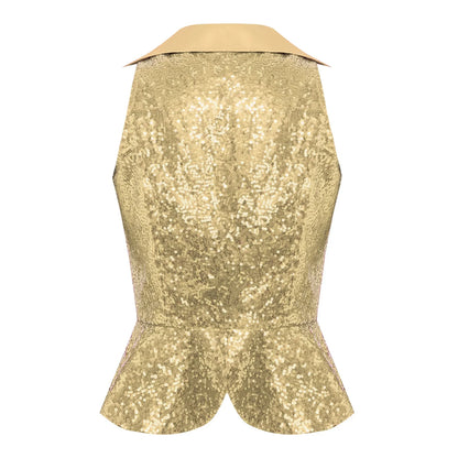 Women Shiny Sequin Vest Lapel Sleeveless Glitter Suits Waistcoat Top Rave Music Festival Jazz Dance Party Banquet Night Clubwear