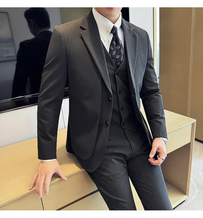British Style Fake Two-piece Suit Set Men's Wedding Groom Dress 3 Piece Set Suit Vest Trousers Slim Office Business Casual Suits