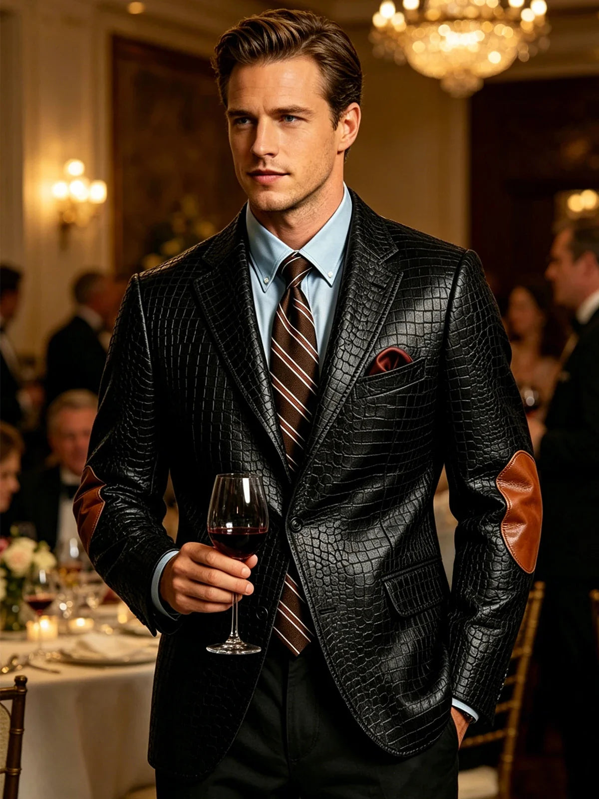 Men's Faux Leather Blazer  Crocodile Pattern Printed Sports Coat Jacket with Elbow Patch  For Party Prom Banquet Wedding Office