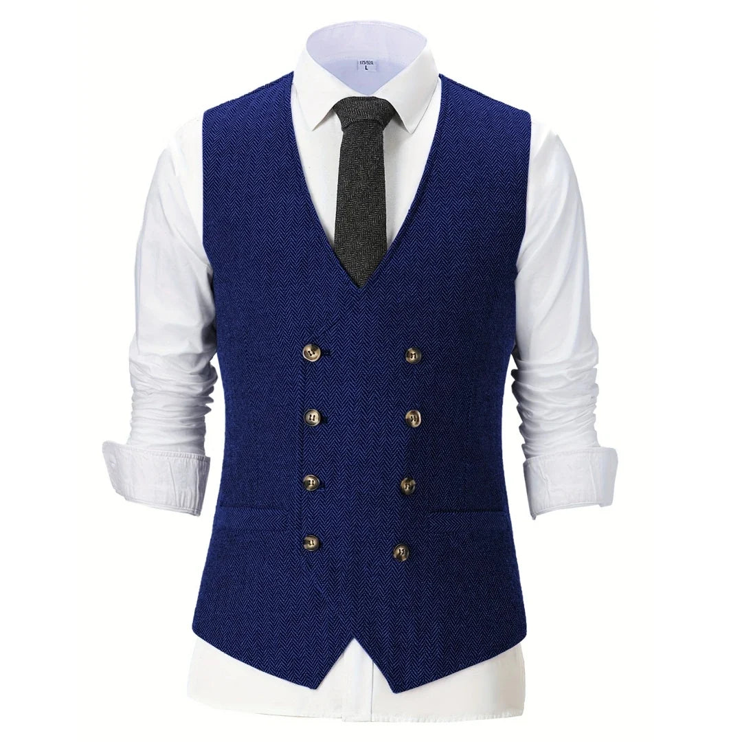 Men Vest Champagne Herringbone Double Breasted V-Neck Waistcoat for Wedding & Business